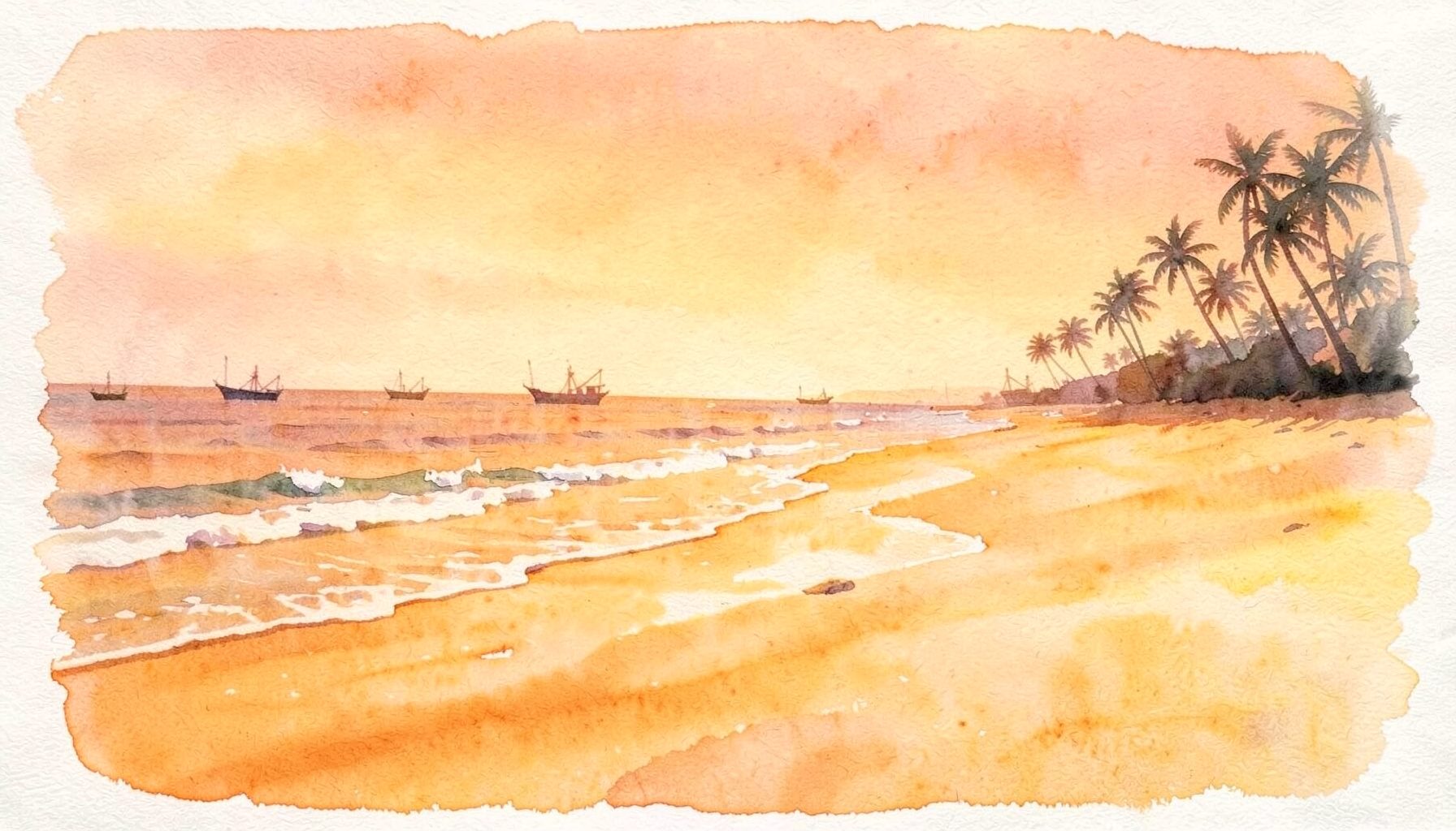 Soft watercolour painting of a long golden beach with gentle surf, fishing boats in the distance, and palm trees silhouetted against a hazy sunset sky in warm oranges and pinks