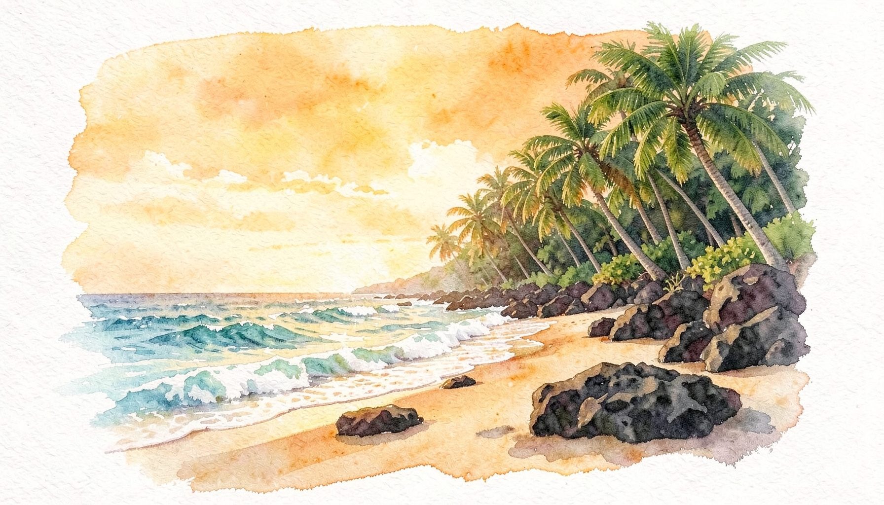 Soft watercolour painting of a secluded tropical beach with gentle waves, dark volcanic rocks, and dense green palm groves under a warm golden sky