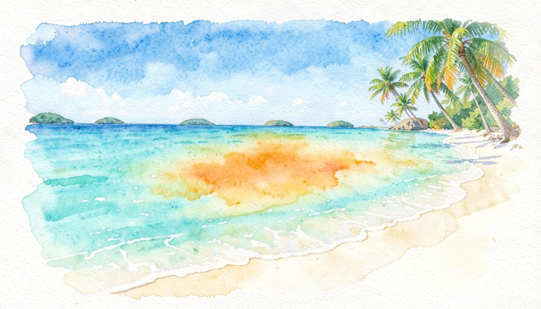 Soft watercolour painting of turquoise lagoon waters lapping against a white sand beach fringed by coconut palms, with small islands on the horizon under a bright blue sky