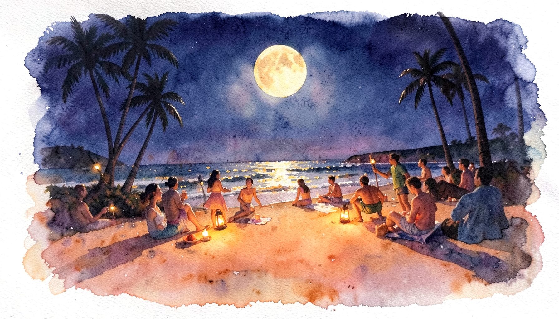 A soft watercolour painting of a moonlit beach party with warm amber lantern light spilling across the sand, silhouettes of palm trees against a deep indigo night sky, and gentle waves reflecting golden highlights