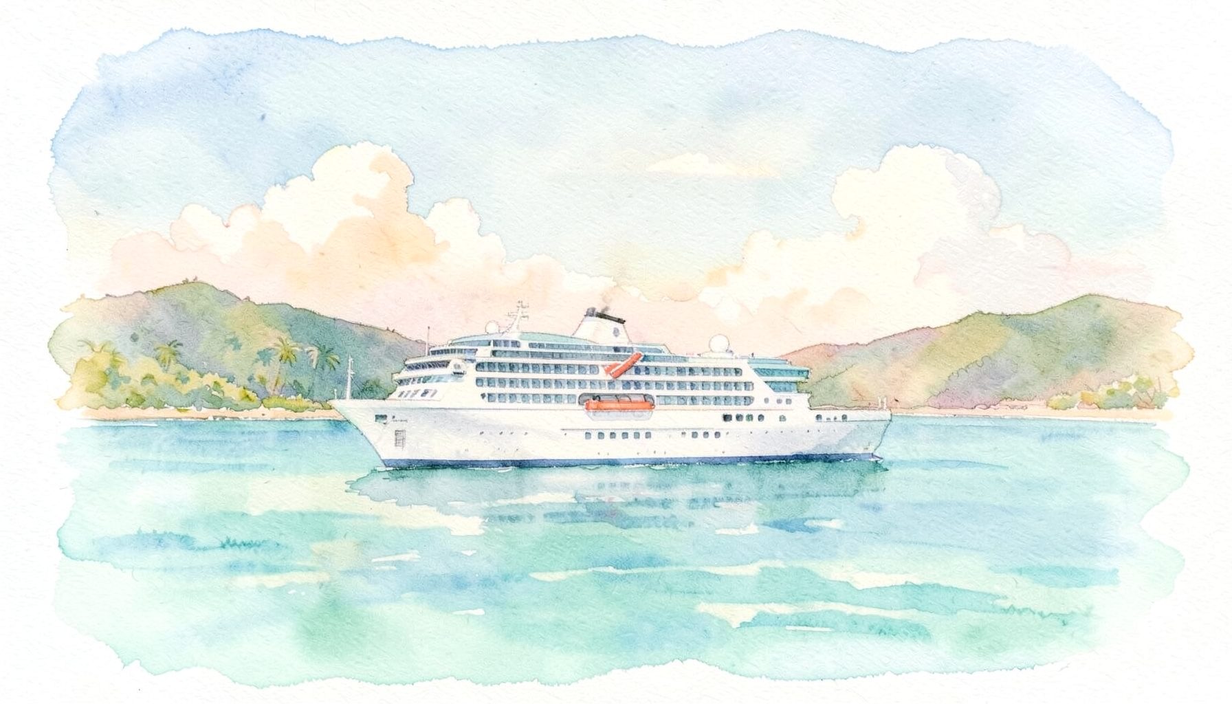 A soft watercolour painting of a white cruise ship anchored in calm turquoise waters near a tropical coastline, with gentle hills in the distance and soft cumulus clouds in a pale blue sky
