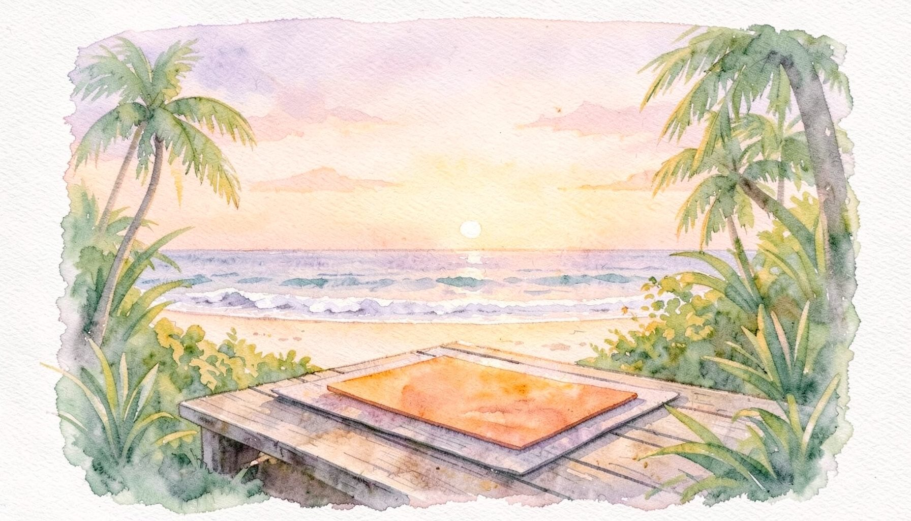 A soft watercolour painting of a tranquil beachfront yoga platform at sunrise, with pastel peach and lavender skies, gentle surf, and a simple mat on weathered wood surrounded by tropical greenery