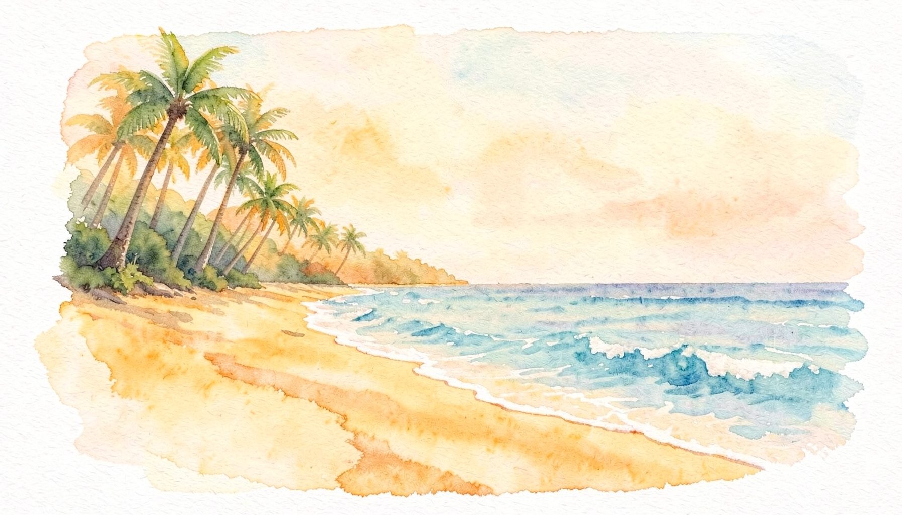 A soft watercolour painting of a quiet golden-sand beach fringed with palm trees, gentle blue waves lapping the shore under a warm hazy sky
