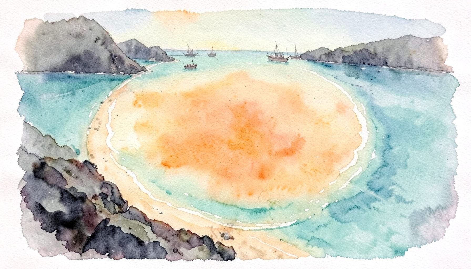 A soft watercolour painting of a crescent-shaped beach with dark rocky headlands on both sides, turquoise water and a few fishing boats in the distance