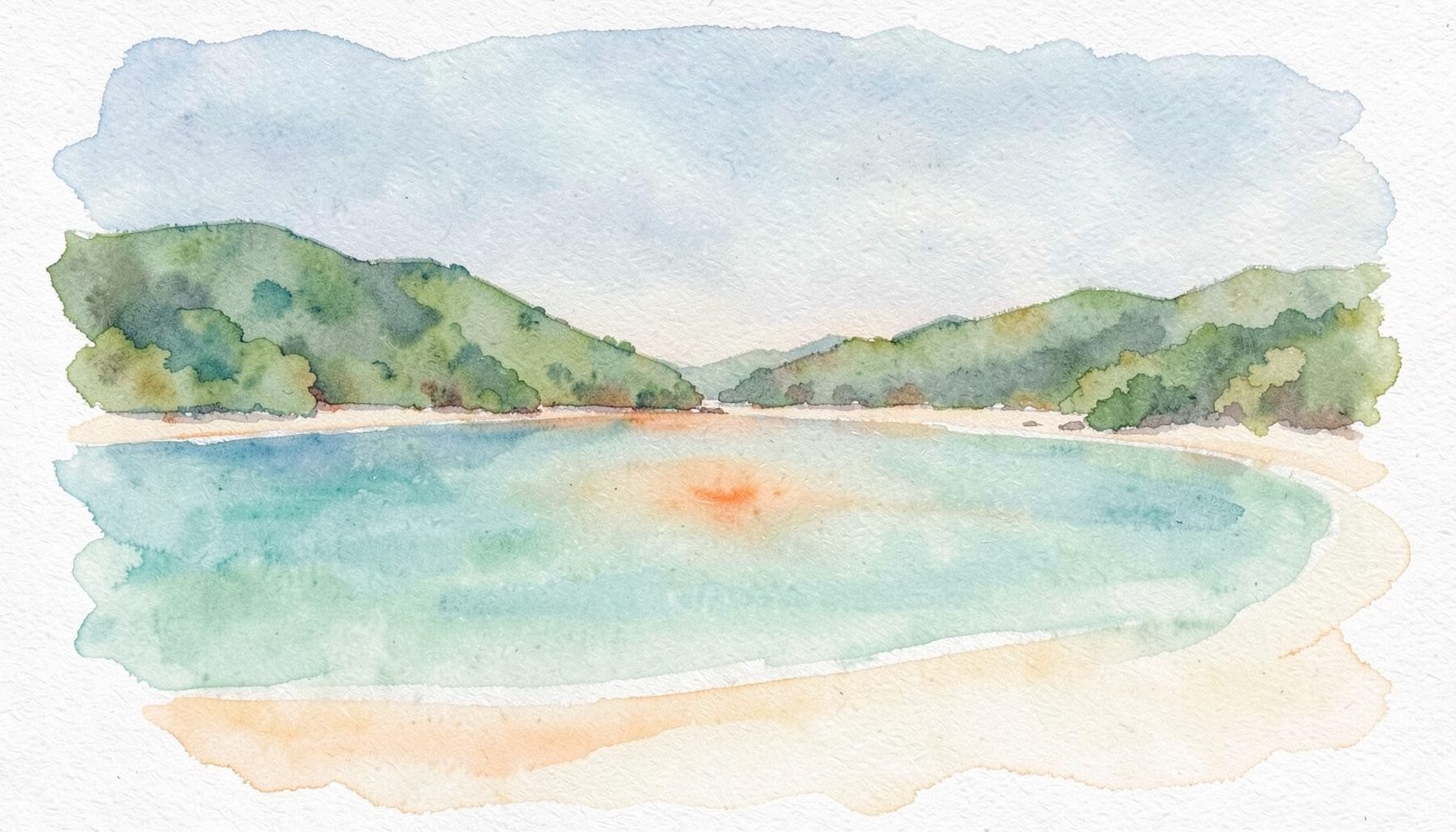 Soft watercolour of a quiet tropical cove with calm turquoise water, pale sand, and low green hills under a hazy morning sky in muted blues and greens