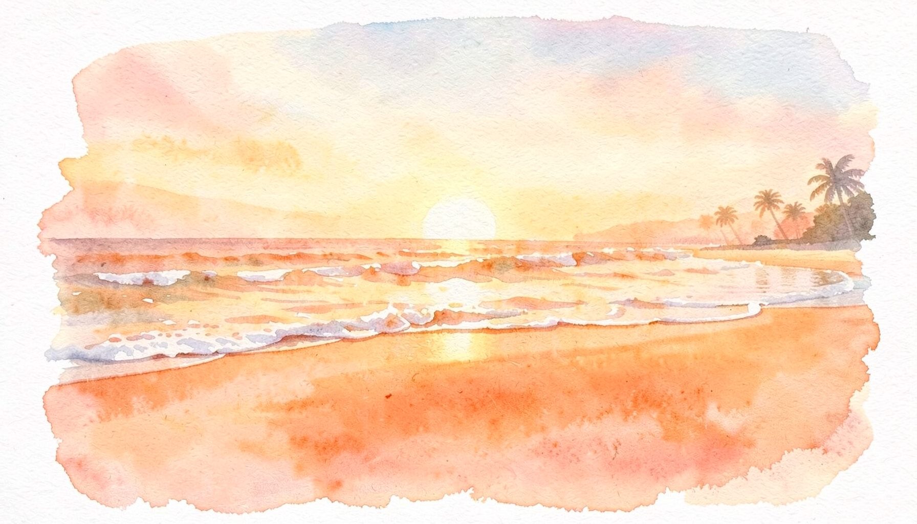 Soft watercolour of a wide sandy beach at sunset with gentle waves, warm golden and coral tones blending into a pale sky, a few palm silhouettes in the distance
